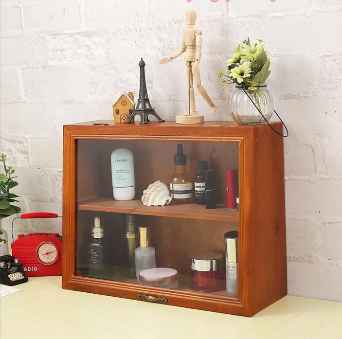 vintage solid wood with door flap glass dustproof two-layer cosmetic storage box display cabinet blind box cup storage rack