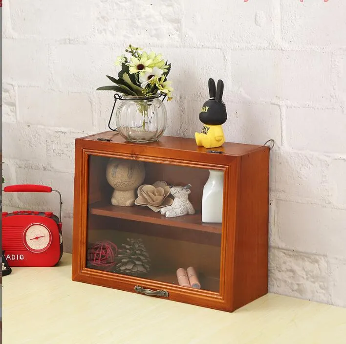 vintage solid wood with door flap glass dustproof two-layer cosmetic storage box display cabinet blind box cup storage rack