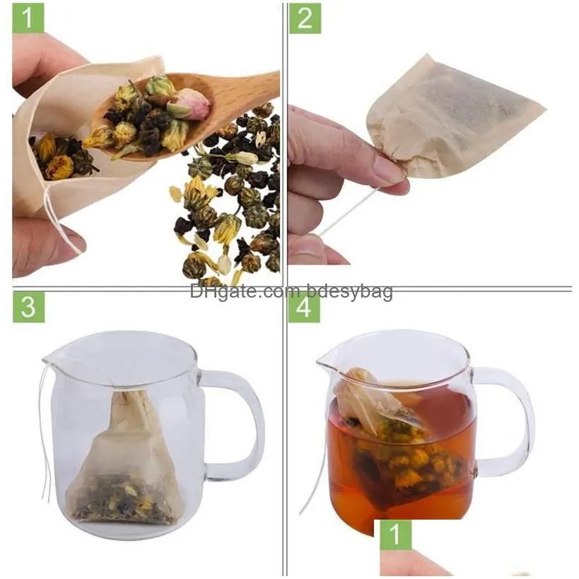 Coffee & Tea Tools Tea Filter Bag Strainers Tools Natural Unbleached Wood Pp Paper Disposable Infuser Empty Bags With Dstring Pouch 10 Otqcg