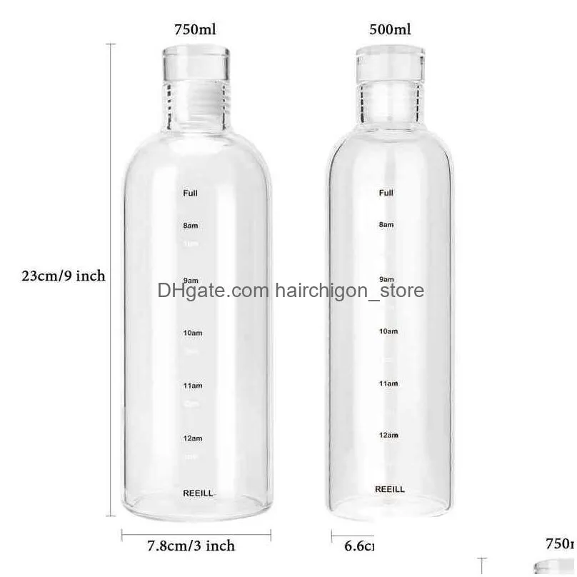 500/750ml large capacity glass bottle with time marker cover for water drinks transparent milk juice simple cup birthday gift y220428