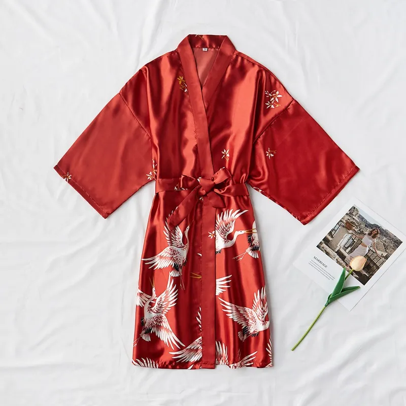 pajamas female summer bride dressing gown imitation silk fashion crane sexy dressing gown casual bathrobe ice silk home with hand gift