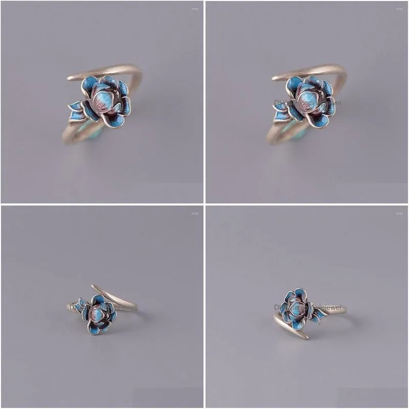 cluster rings chinese landscape thai blue ring female lotus peony opening adjustable jewelry accessories