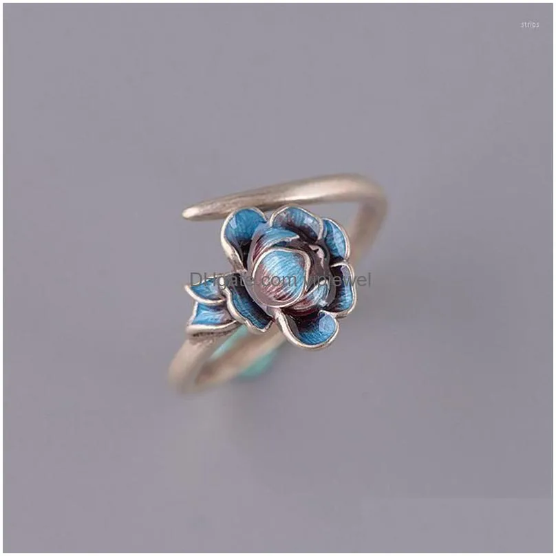 cluster rings chinese landscape thai blue ring female lotus peony opening adjustable jewelry accessories