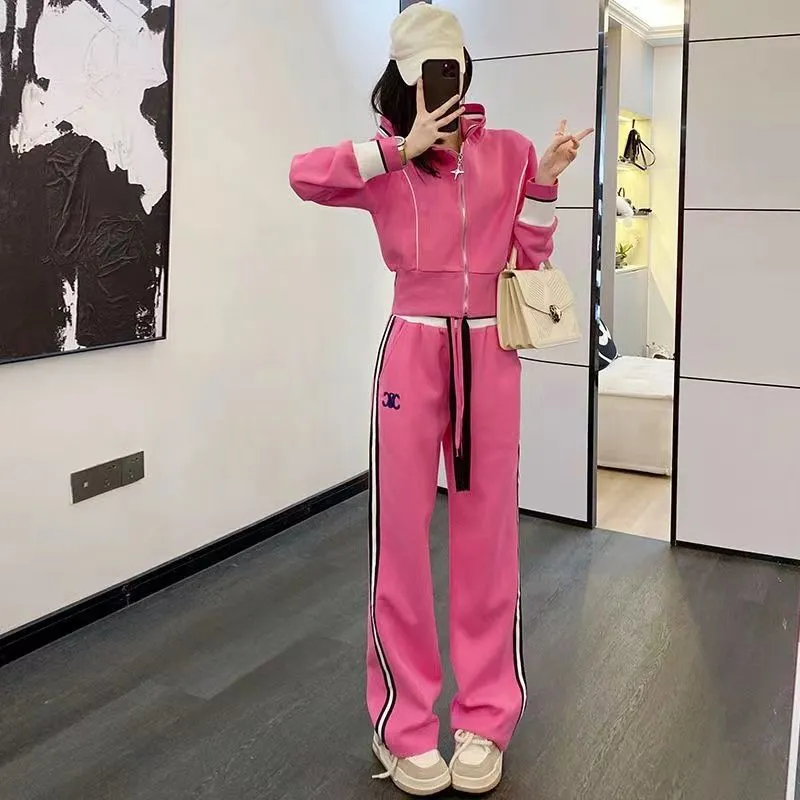 High end casual sports suit for women in autumn and winter, fashionable and western-style hooded sweatshirt, high waisted straight leg pants, two-piece set,