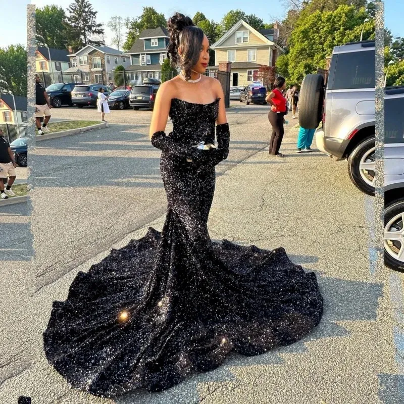 Luxury Black Sequins Mermaid Prom Dresses For Black Girls 2024 Sheer Neck Birthday Party Gowns Evening Dress With Gloves
