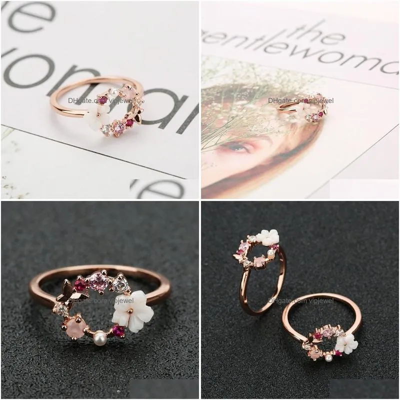 cluster rings womens fashion personality creative butterfly flower rose gold crystal zircon ring wedding party boutique jewelry