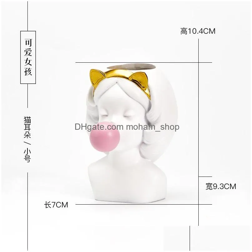 vases small cute nordic resin human head golden vase woman bubble gum vase living room decoration flower arrangement creative 210409