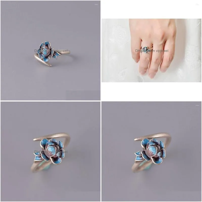 cluster rings chinese landscape thai blue ring female lotus peony opening adjustable jewelry accessories