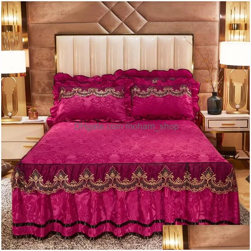 skirt bed skirt europe style bedding bed skirt pillowcases sets gray velvet thick warm lace bedspread bed sheets mattress cover king