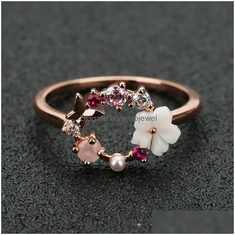 cluster rings womens fashion personality creative butterfly flower rose gold crystal zircon ring wedding party boutique jewelry