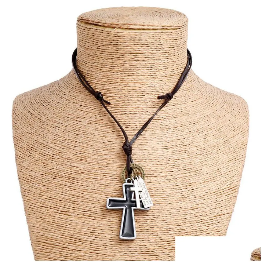 Jewelry Enamel Jesus Cross Necklace Letter Id Adjustable Chain Pendant Leather Necklaces For Women Men Punk Fashion Jewelry Gift Drop Dhi6K