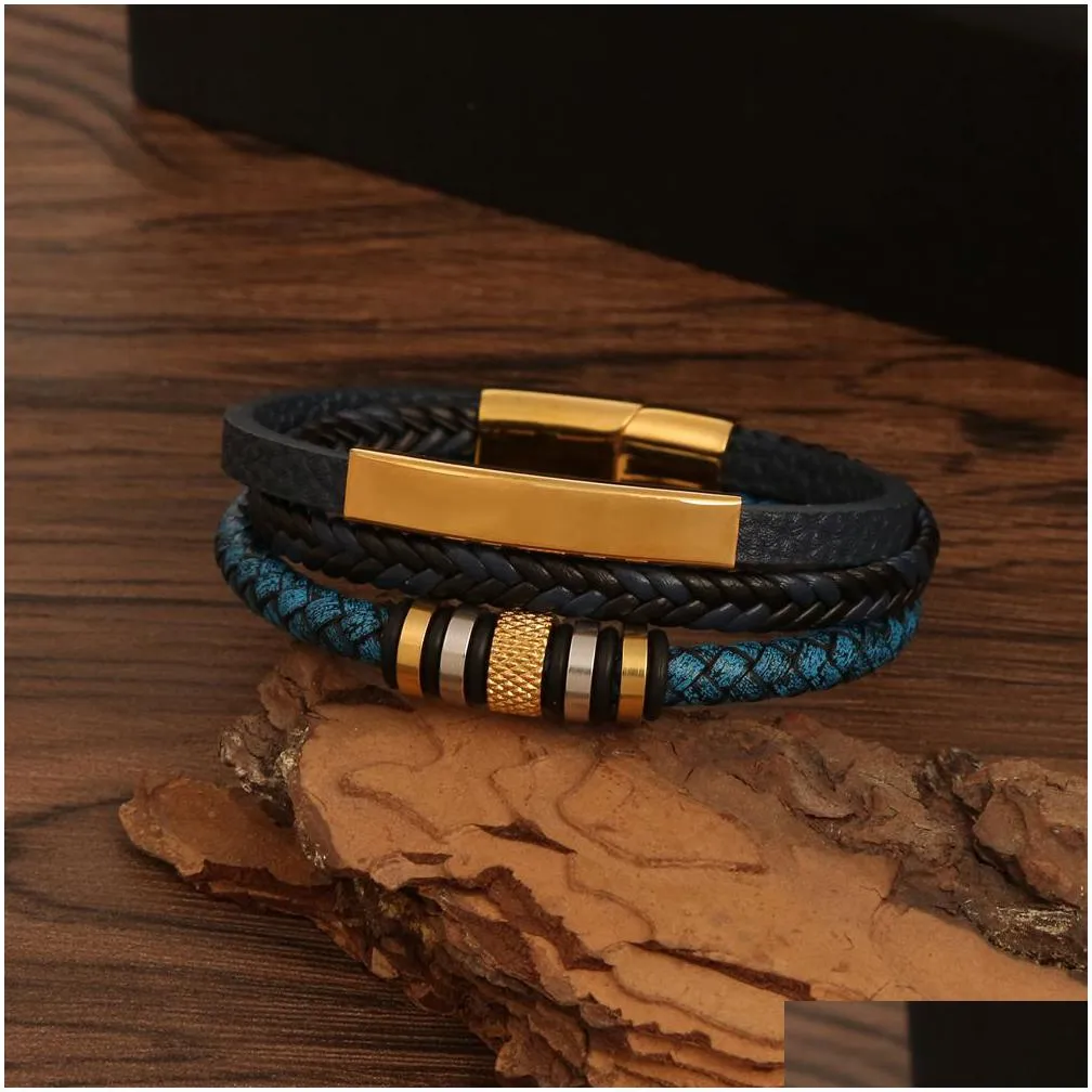 Jewelry Stainless Steel Bracelet For Men Hand Woven Mtilayer Handmade Braided Leather Magnetic Buckle Titanium Drop Delivery Baby, Kid Dhngn
