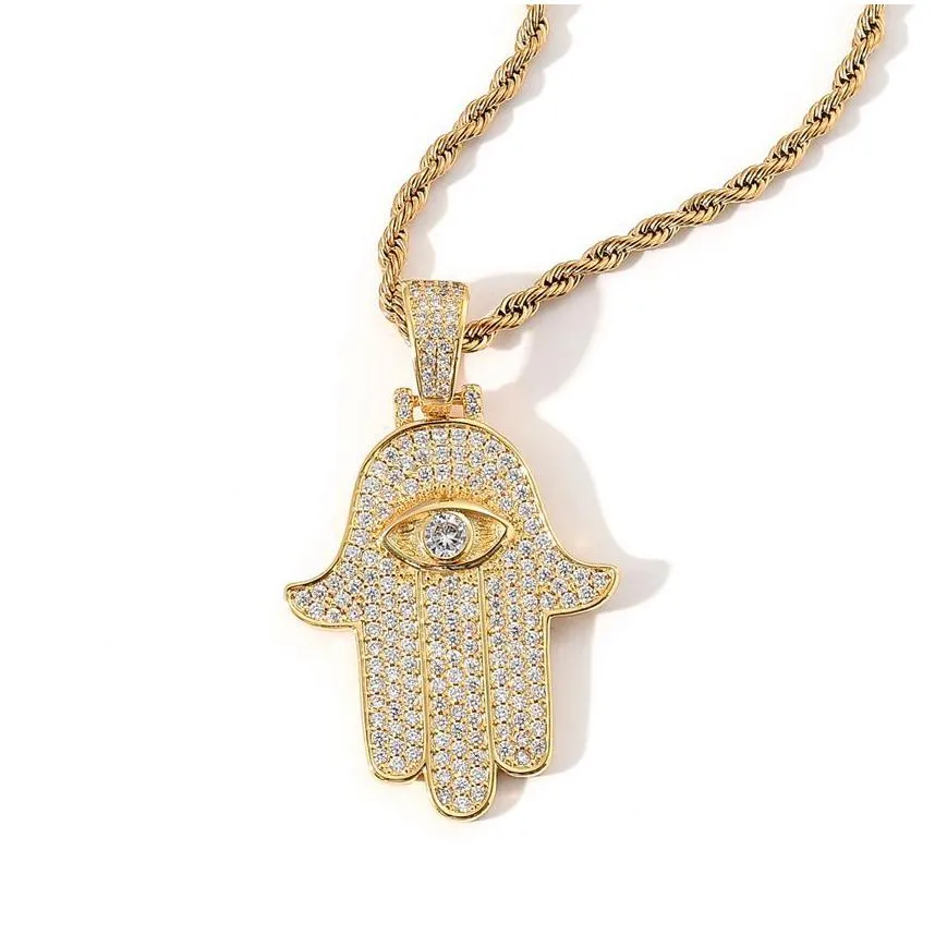 Jewelry Bling Cubic Zirconia Fatima Eye Hand Necklace Jewelry Set Diamond Hip Hop 18K Gold Pendant Necklaces Women Men Stainless Steel Dhsp4