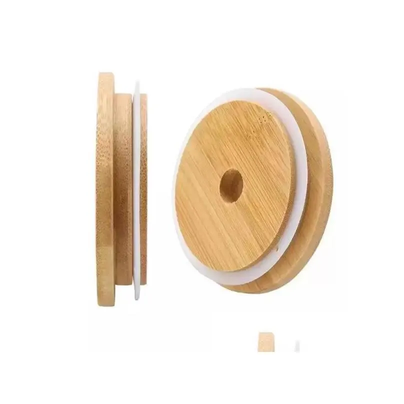 Drinkware Lid Bamboo Cap Lids 70Mm 86Mm Reusable Wooden Mason Jar Lid With St Hole And Sile Seal Boutique Drop Delivery Home Garden Ki Dhq18