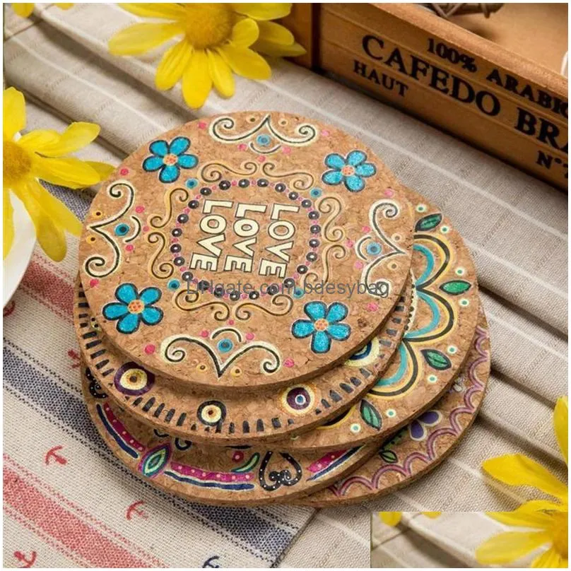 Mats & Pads Round Natural Cork Coasters Heat Resistant Patterned Mats Anti-Scalding Coaster Tabletop Protection Drink Lx4663 Drop Deli Dh8Te