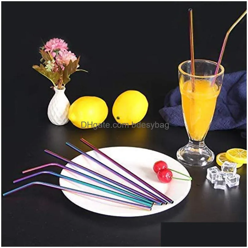 Drinking Straws 8.5 9.5 10.5 Rainbow Stainless Steel Drinking Sts Reusable Unfolded Straight Bend Metal St Kitchen Bar Factory Wholesa Dhhae