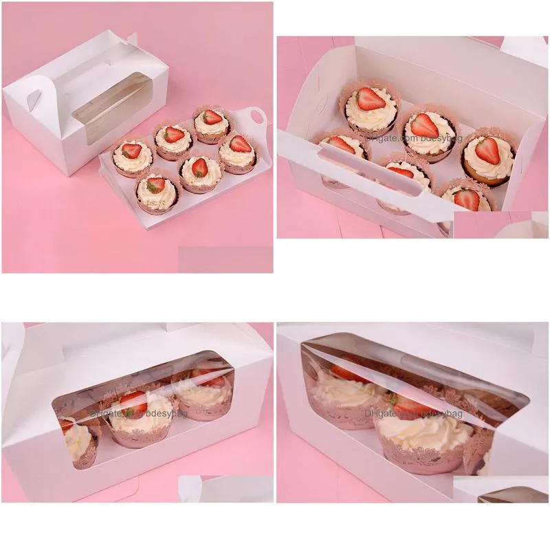 Party Favor Paper Cupcake Box With Window 6 Holes Cake Muffin Packing Boxes Wedding Birthday Gift Holder Packaging Supplies Za4021 Dro Dhpui