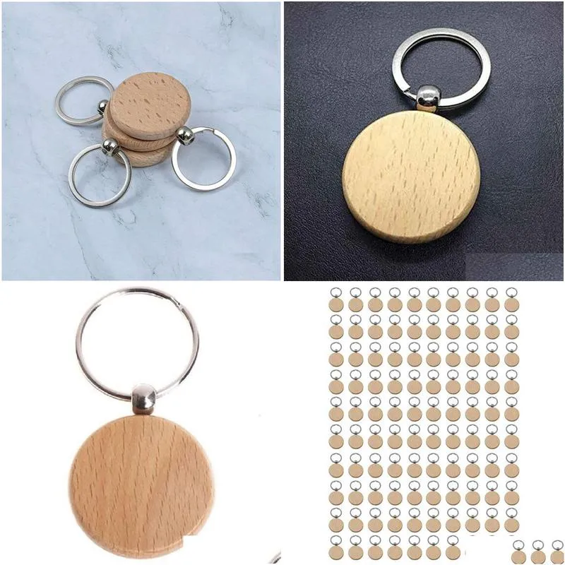 Other Office & School Supplies Wholesale Other Office School Supplies 100Pcs Blank Round Wooden Key Chain Diy Wood Keychains Tags Can Dhgth