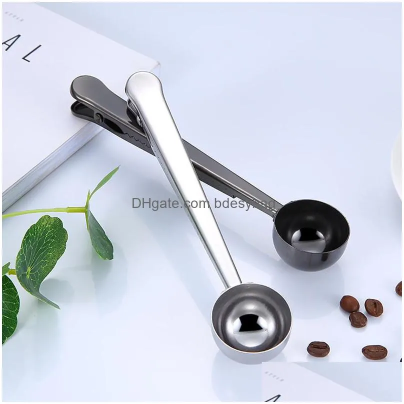 Coffee Scoops Colorf Kitchen Supplies 2 In 1 N Stainless Steel Sealing Clip Coffee Bean Milk Powder Punching Dose Spoon Cafe Measuring Dhjbr