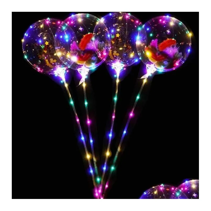 Other Festive & Party Supplies Helium Transparent Led Balloon Flashing Bobo With Stickers Cartoon Feathers Glitters For Festival Decor Dhxol