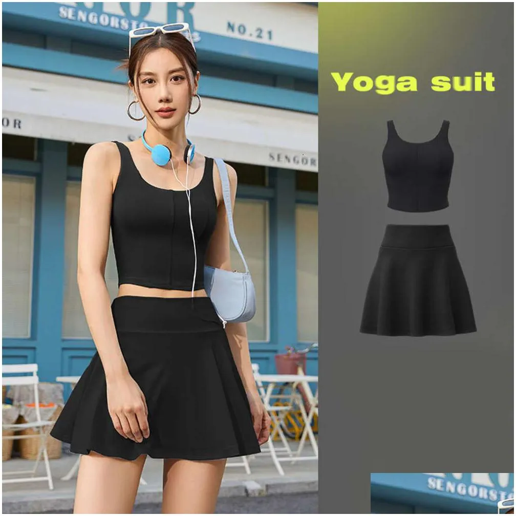 Lu Suit Bodysuit Align Lemon Yoga Outfit Summer For Fitness Sports Set Woman Gym Tennis Workout Sportswear Lined Skirt Dance Clothes Dhhdi