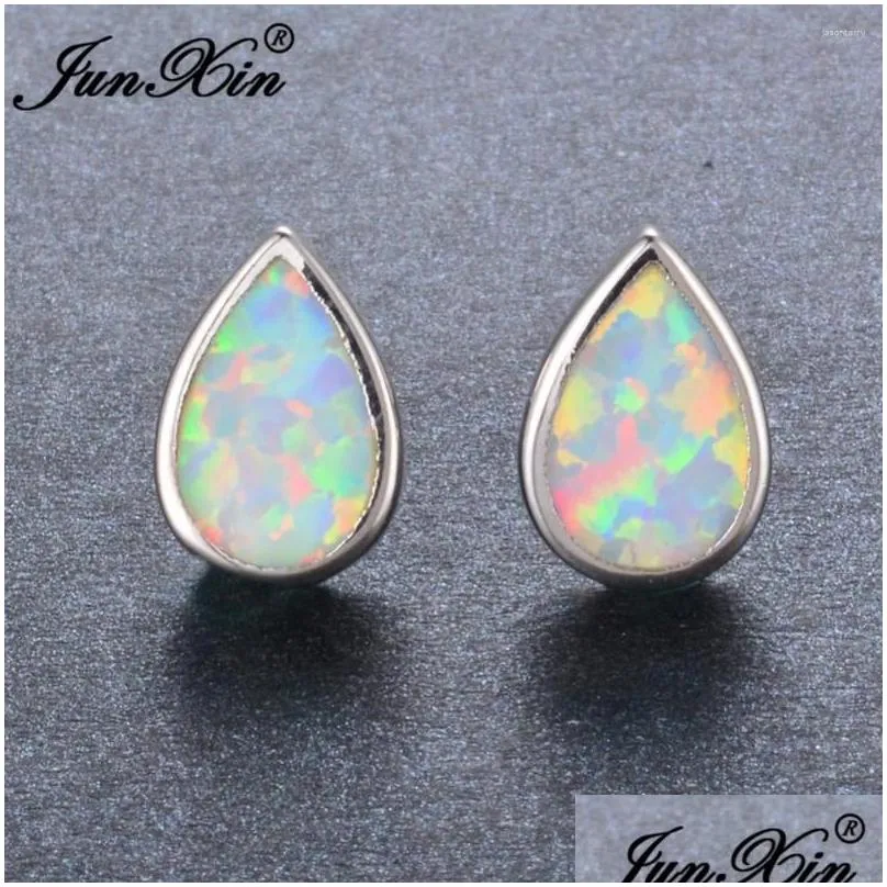 Stud Earrings JUNXIN Water Drop Design White Fire Opal Earring Female Silver Color Double Sided For Women