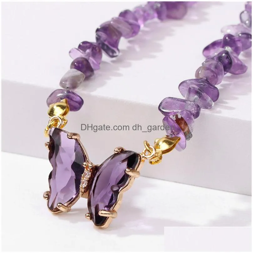 Pendant Necklaces 5-8Mm Irregar Amethyst Malachite Natural Crystal Chip Stone Necklace Beaded Butterfly Charm Choker For Wom Dhgarden Dhc5Q