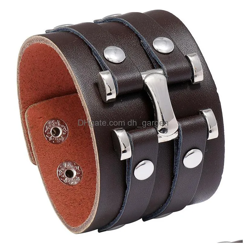 Bangle Leather Bangle Cuff Wide Mtilayer Wrap Button Adjustable Bracelet Wristand For Men Women Fashion Jewelry Drop Delive Dhgarden Dhszp