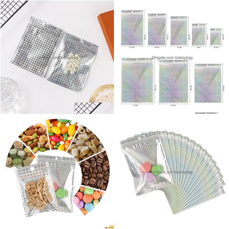 Packing Bags Square Holographic Bag Reusable Smell Proof Aluminum Foil Candy Cookie Food Snack Plastic Self Seal Packaging Bags Lx4095 Dhn6Q