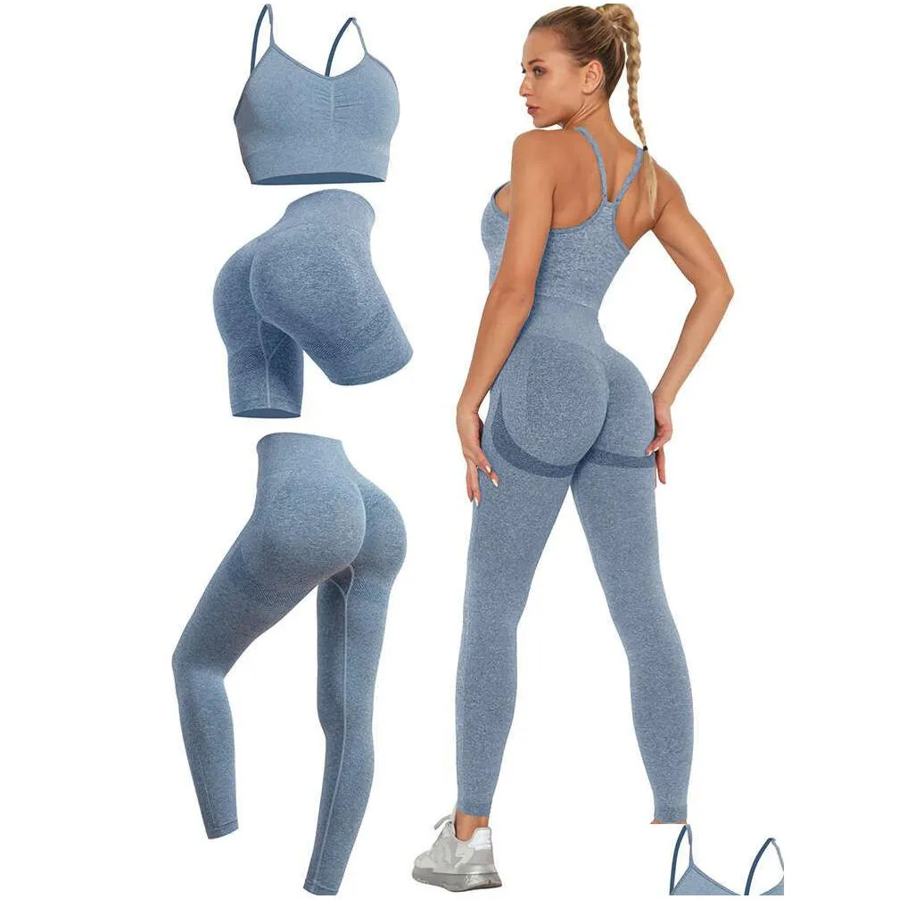 Lu Align Workout 3Pcs Seamless Set Womens Running Gym Clothe Fitness Leggings Long Sleeve Active Wear Women Sports Suit Yoga Lemon Ll Dhk8P