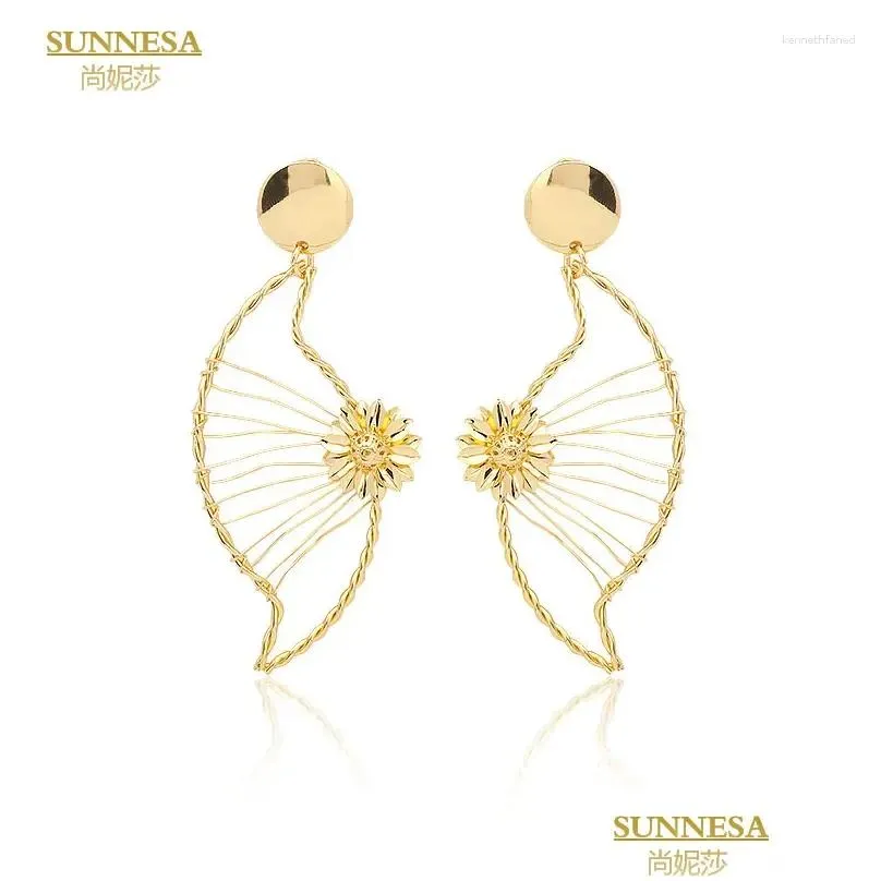 Dangle Earrings SUNNESA Gold Plated Big Drop For Women African Wedding Jewelry Fashion Silver Color Flower Design Lager