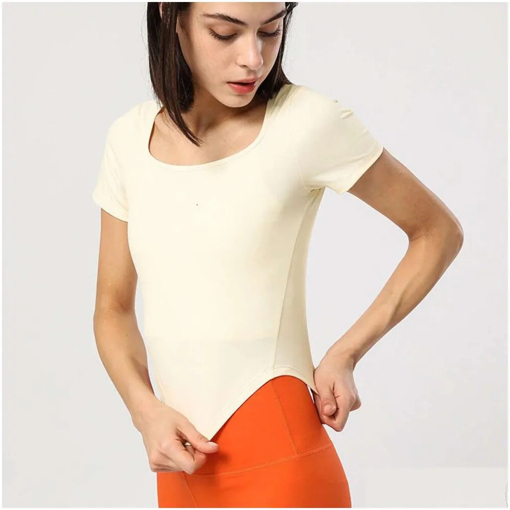 Lu Align T Shirt Yoga Square Neck Back Hollow Arc Bottom Breathable Cool Dry Sweat-Wicking Short Sleeve Running Tops Drop Delivery Dh5Z3