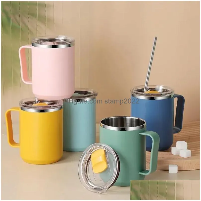 15oz double wall stainless steel mug with handle and lid portable insulated cup for outdoor traveling drinking water tea 