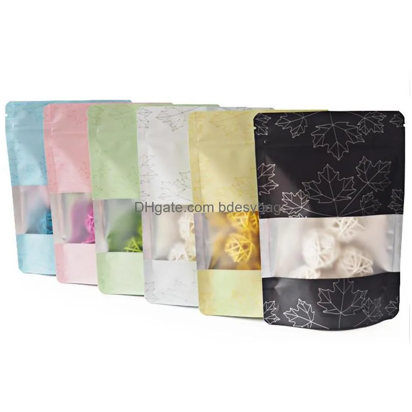 Storage Bags Color Maple Leaf Aluminum Foil Bag Grain Snack Food Chocolate Coffee Bean Packaging Bags With Transparent Window Wholesal Dh2Iq