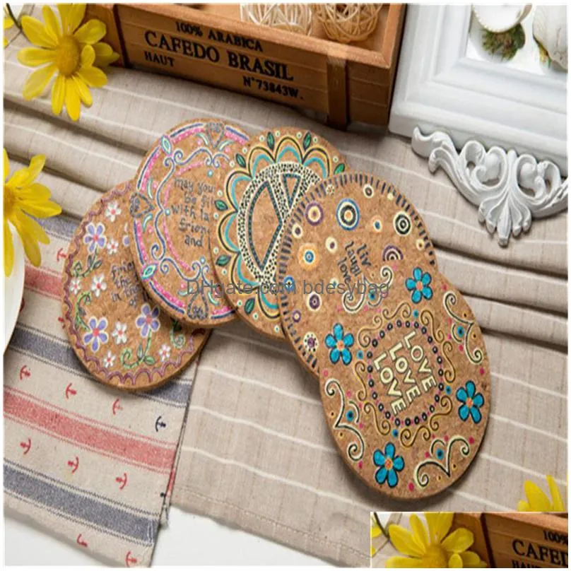 Mats & Pads Round Natural Cork Coasters Heat Resistant Patterned Mats Anti-Scalding Coaster Tabletop Protection Drink Lx4663 Drop Deli Dh8Te