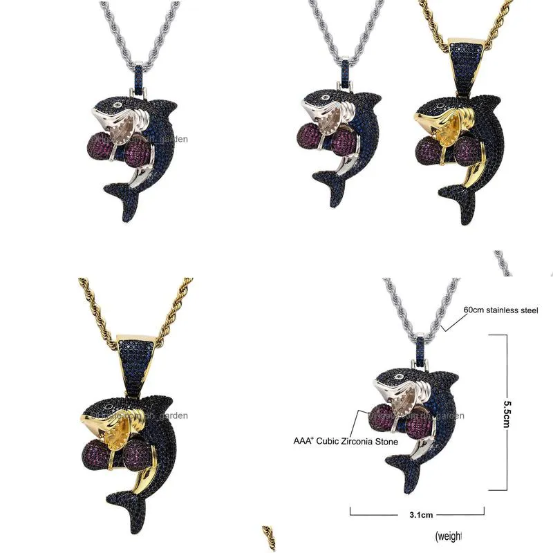 Pendant Necklaces Sport Boxing Shark Necklace Bling Jewelry Set 18K Gold Diamond Cubic Zirconia Animal Pendant Hip Hop Neckl Dhgarden Dhnaa