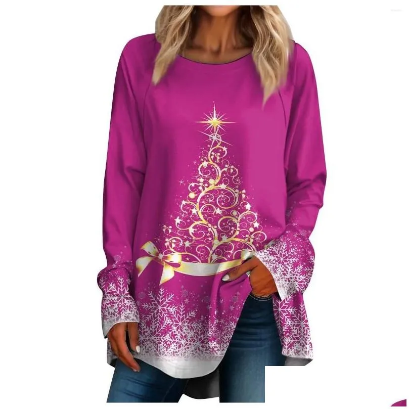 Women`s T Shirts Christmas Autumn 3D Tree Print Long Sleeve Round Neck Fashion T-shirt Atmosphere Pullover Women Top