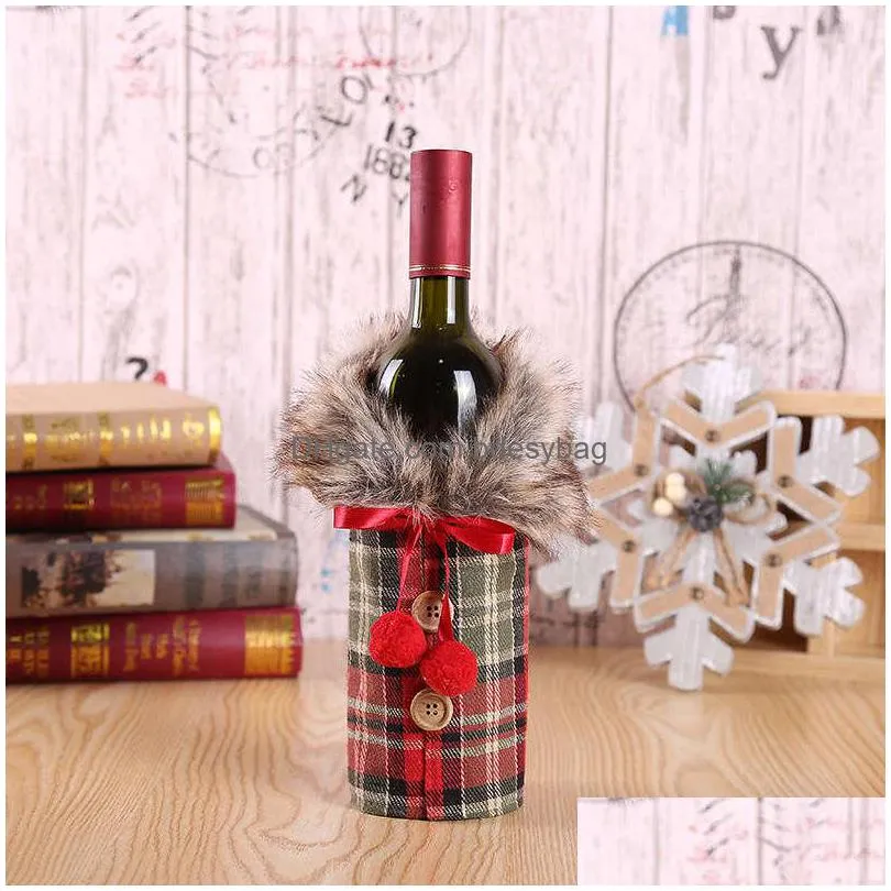 Other Event & Party Supplies Christmas Decoration New European And American Red Wine Set Bowknot Plaid Linen Clothes Bottle Holiday Pr Dhm5Q