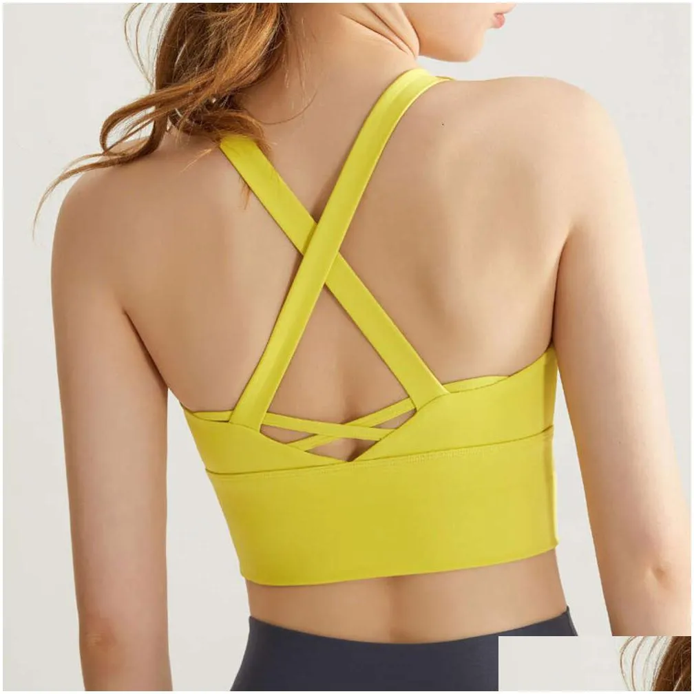 Lu Align Bra Yoga Woman Womens Lightweight High Impact Backless Sports Crop Tops Cross Straps Elastic Push Up Shockproof Workout Drop Dhs3H