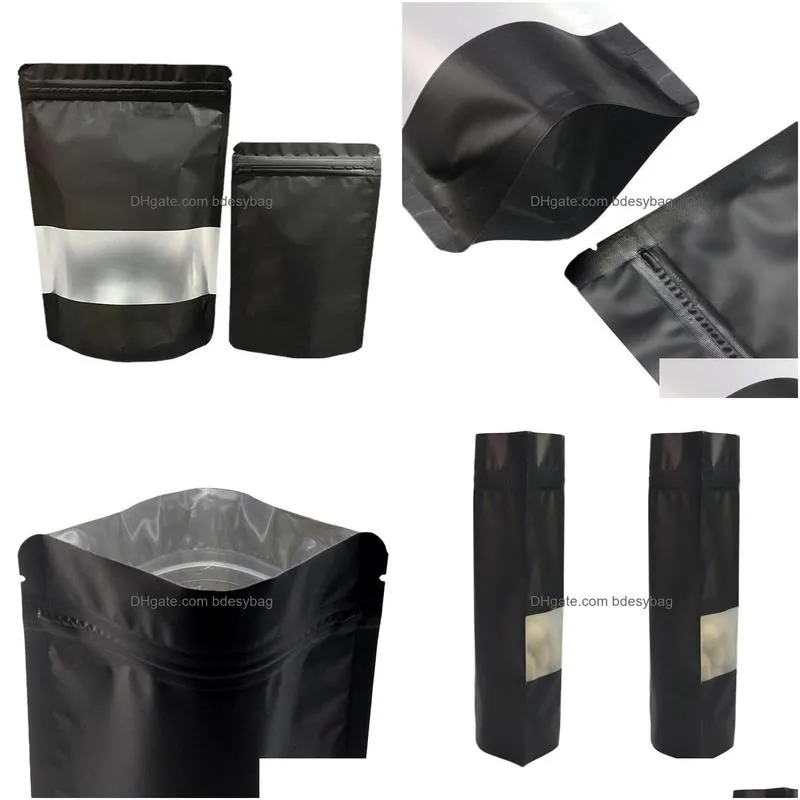 Packing Bags Heat Seal Zipper Package Bags Aluminum Foil Mylar Tear Notch Matte Black Stand Up Bag With Window Wholesale Lx4833 Drop D Dhkjn