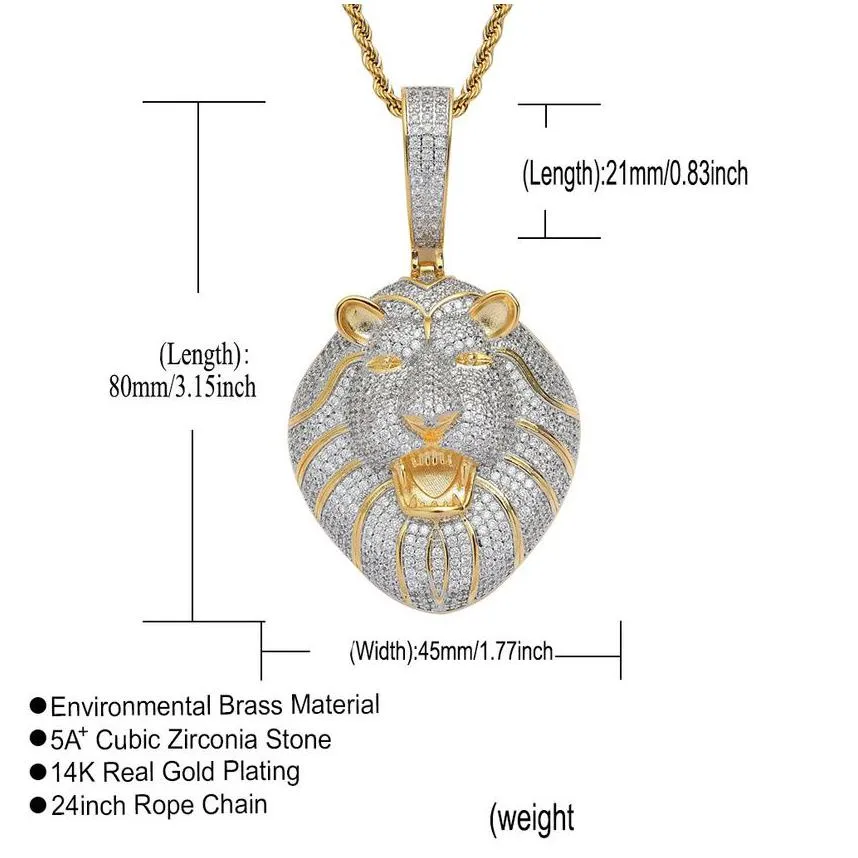 Jewelry Bling  Head Necklace Jewelry Set 18K Gold Diamond Cubic Zircon Animal Pendant Hip Hop Necklaces With Stainless Steel Chain Dhh2J