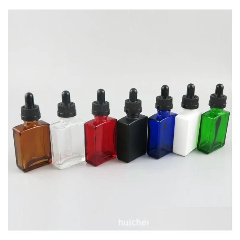 Dropper Bottles Wholesale Glass Serum Dropper Bottle 30Ml 1Oz Square Flat Clear White Black Amber Green Blue Red For Cosmetic Essentia Dhzxh