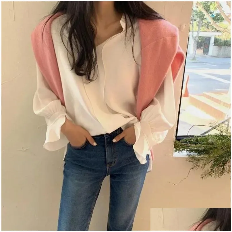 Women`s Blouses Women Long Sleeve V-neck Shirt 2023 Korean Fashion Loose Simple Blouse Office Lady Chiffon Autumn Tops Casual Clothes