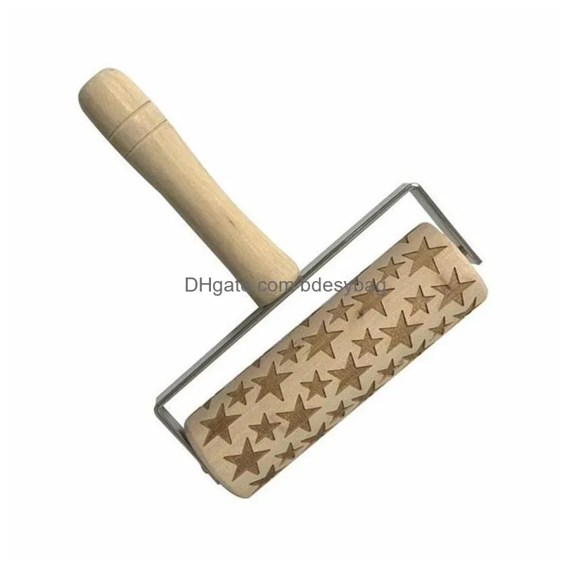 Rolling Pins & Pastry Boards Christmas Embossing Rolling Pin Baking Noodle Biscuit Fondant Cake Dough Engraved Roller Snowflake Kitche Dhh7P