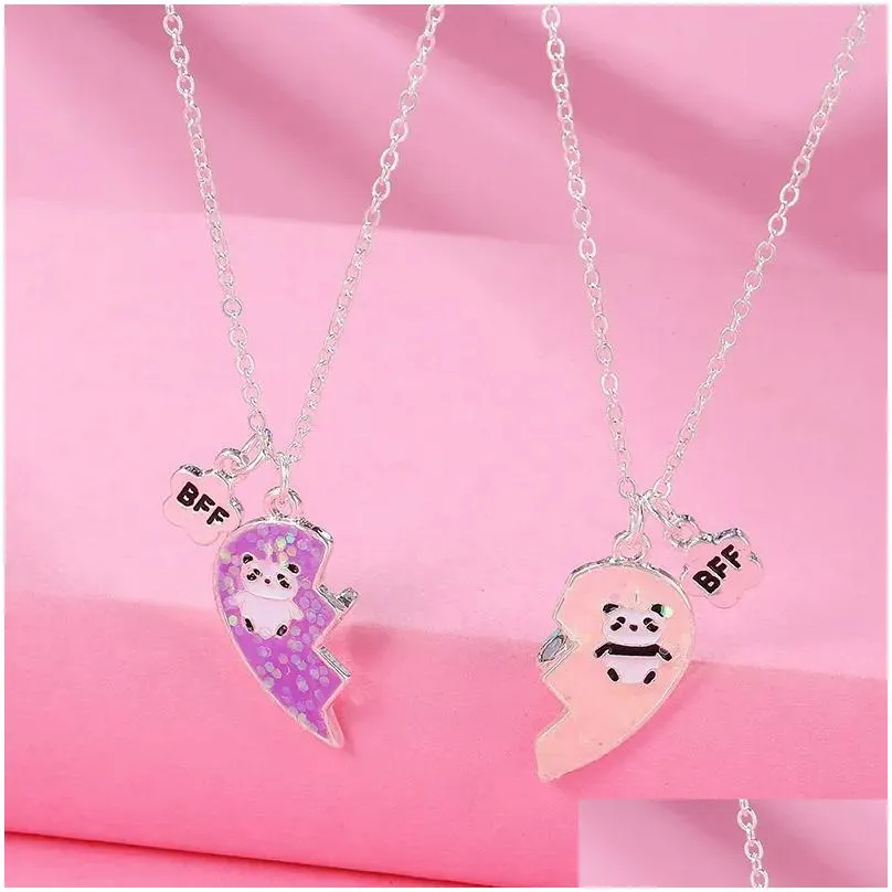 Pendant Necklaces 2PCS/Set Panda Pattern Heart Necklace BFF Couple Jewelry For Kids Girls Fashion Friendship Friends Gifts