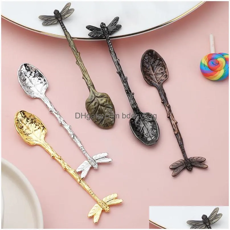 Spoons 5 Colors New Retro Forest Style Coffee Spoon Dessert Dragonfly Branch Leaf Lx4632 Drop Delivery Home Garden Kitchen, Dining Bar Dhj0N