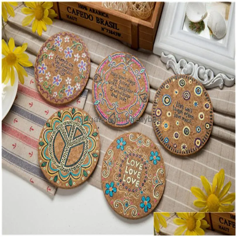 Mats & Pads Round Natural Cork Coasters Heat Resistant Patterned Mats Anti-Scalding Coaster Tabletop Protection Drink Lx4663 Drop Deli Dh8Te