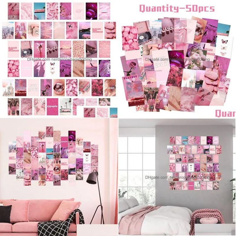 Paintings 50Pcs Pink Aesthetic Picture For Wall Collage Print Kits Warm Color Room Decor Girls Art Prints Dorm Poster 210310 Drop Deli Dhoxh