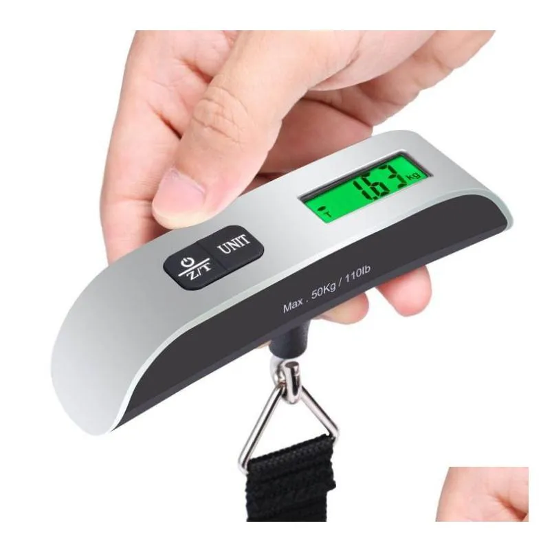 Weighing Scales Wholesale Mini Digital Lage Scale Hand Held Lcd Electronic Hanging Thermometer 50Kg Capacity Weighing Device Drop Deli Dhjk5