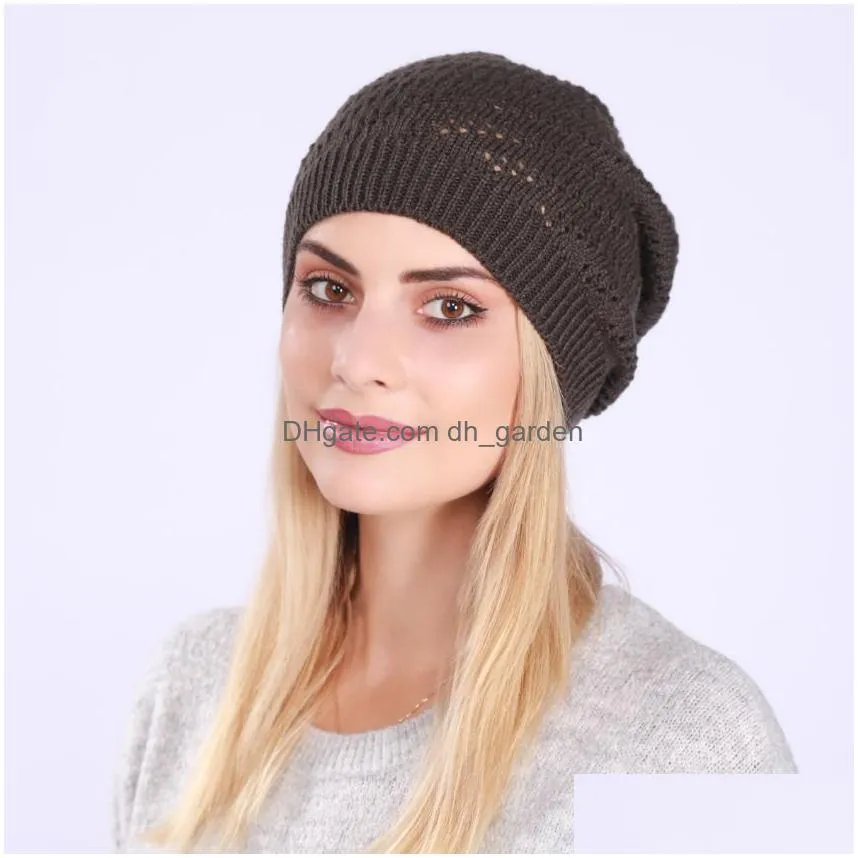 Beanie/Skull Caps Solid Color Hollowed Out Thin Plover Hat Women Knitted Warm Beanie Skl Caps Fashion Accessories Drop Deliv Dhgarden Dhfpn